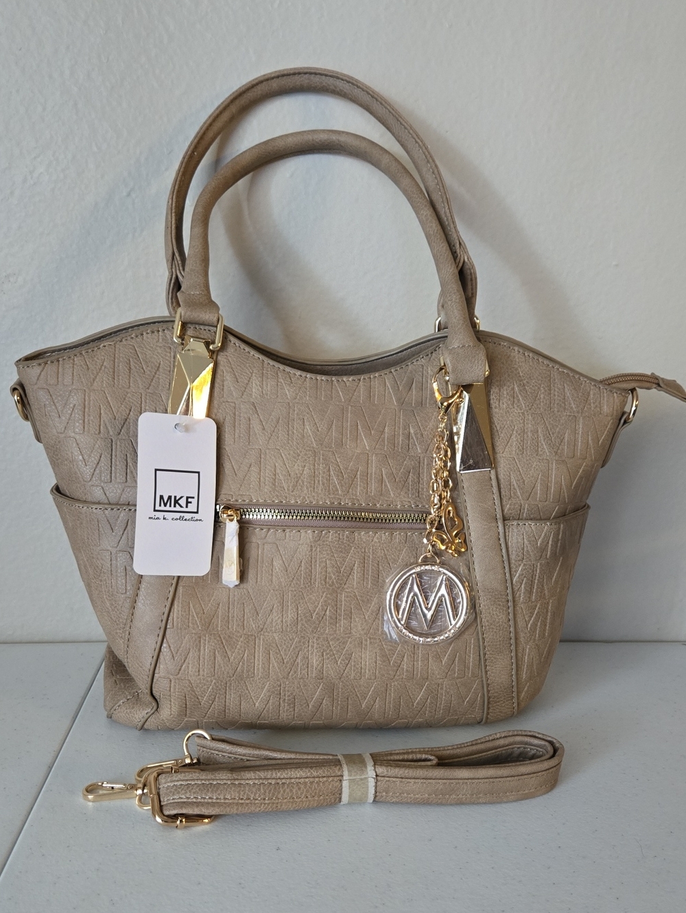 MKF Collection by Mia K Lucy Tote Bag Taupe Monogram Crossbody NWT